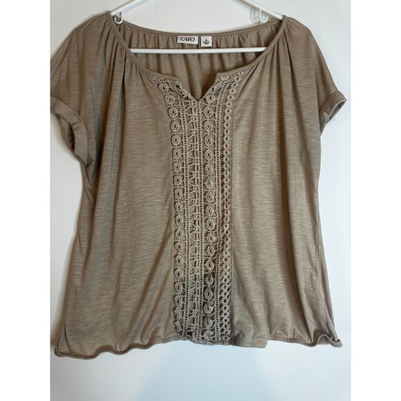 Cato Tops - Cato Women’s XL Lace Front Blouse Tan Short Sleeve Elastic Hem